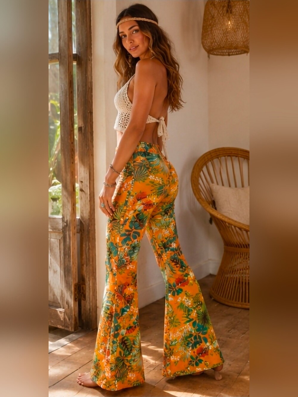 noflik High Waisted Flares in Tropical Orange SZ XL
